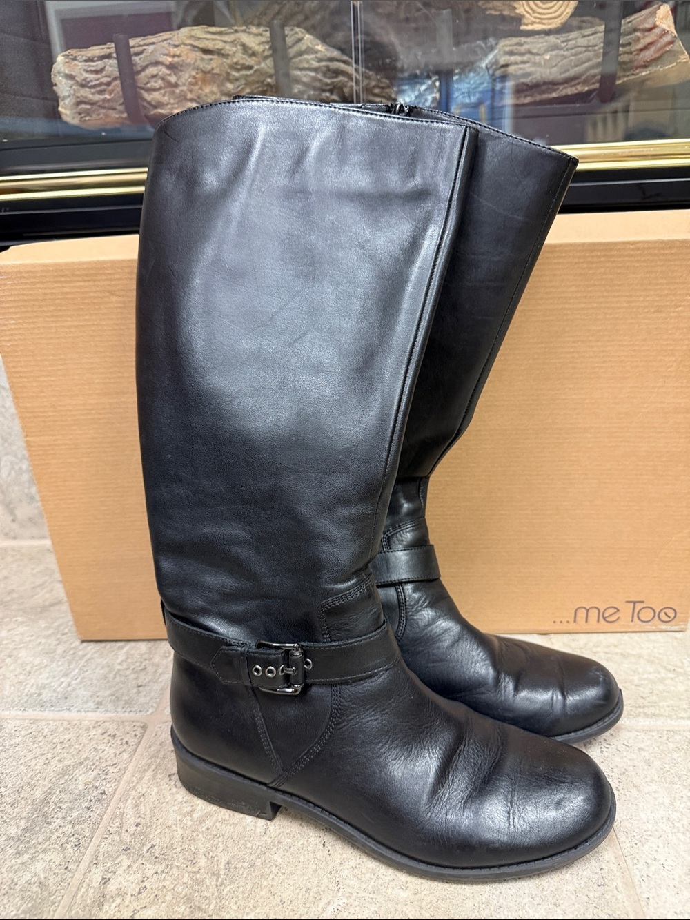 me too Black Leather Knee-High Wide Calf Buckle Boots